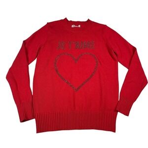 Nanette Lepore Red Je T'aime Heart Rhinestone Knit Sweater Womens Small